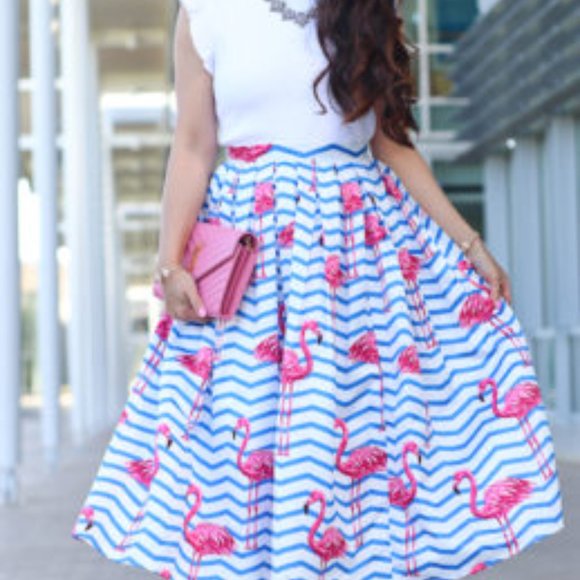 Pink Flamingo Nautical Blue White Stripe High Waisted Full Midi Skirt - Picture 12 of 16